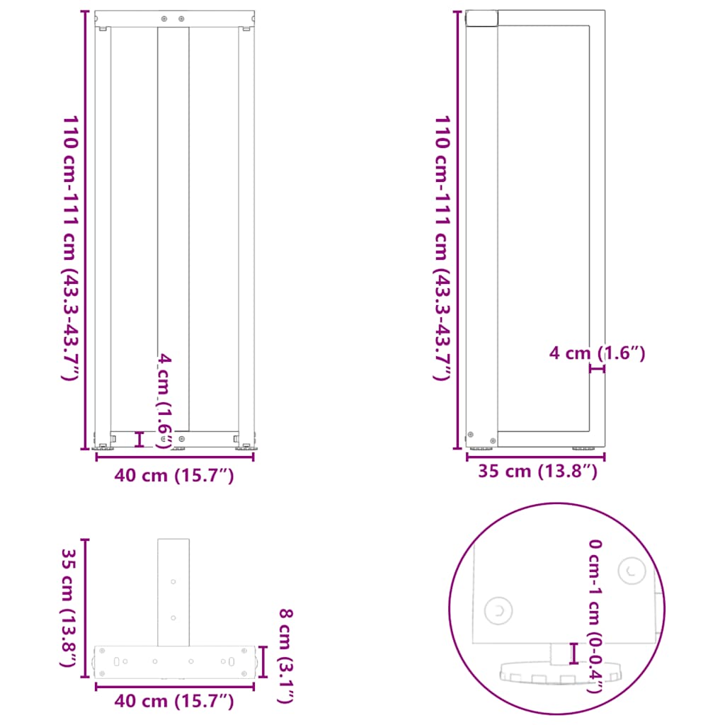 Noge za barski stol T-oblika 2 kom Crne 40x35x(110-111) cm Čelik