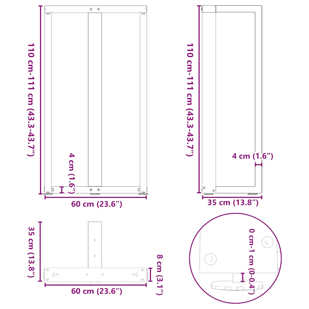 Noge za barski stol T-oblika 2 kom Crne 60x35x(110-111) cm Čelik