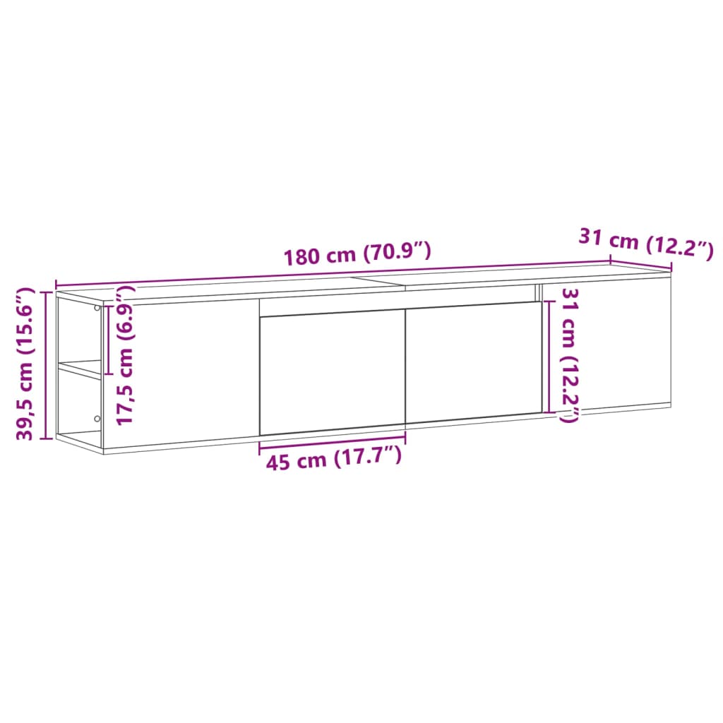Zidni TV ormarić s LED svjetlima siva boja hrasta 180x31x39,5cm