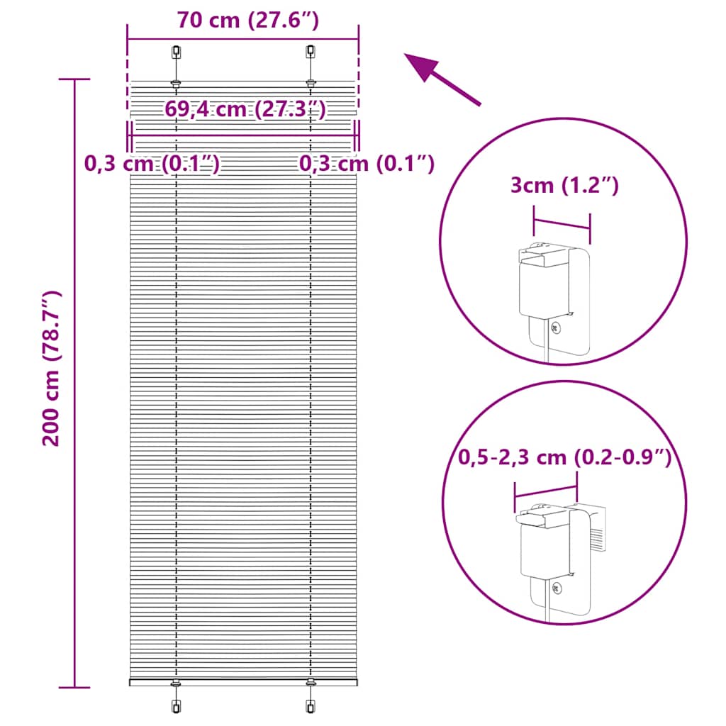 Plisirana roleta crna 70x200 cm širina tkanine 69,4 cm
