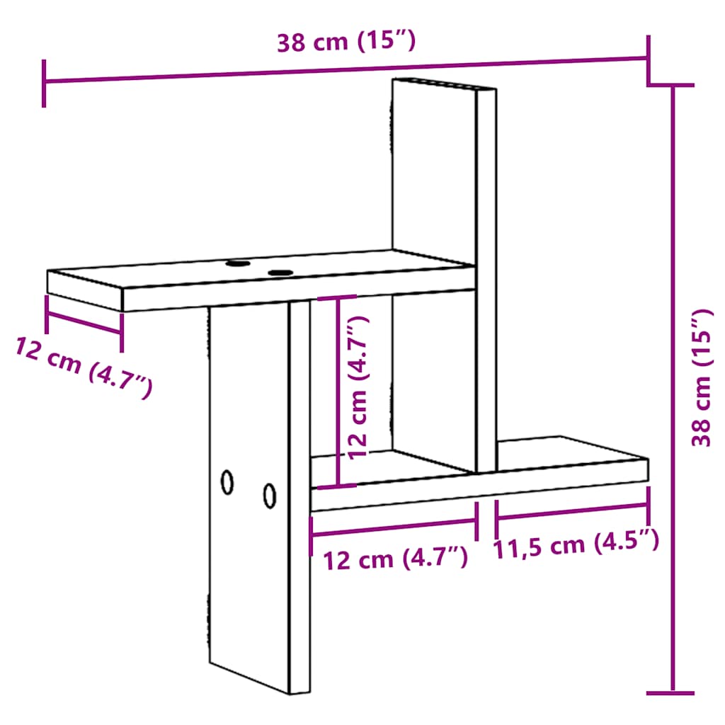 Zidne police 2 kom crne 38x12x38 cm od konstruiranog drva