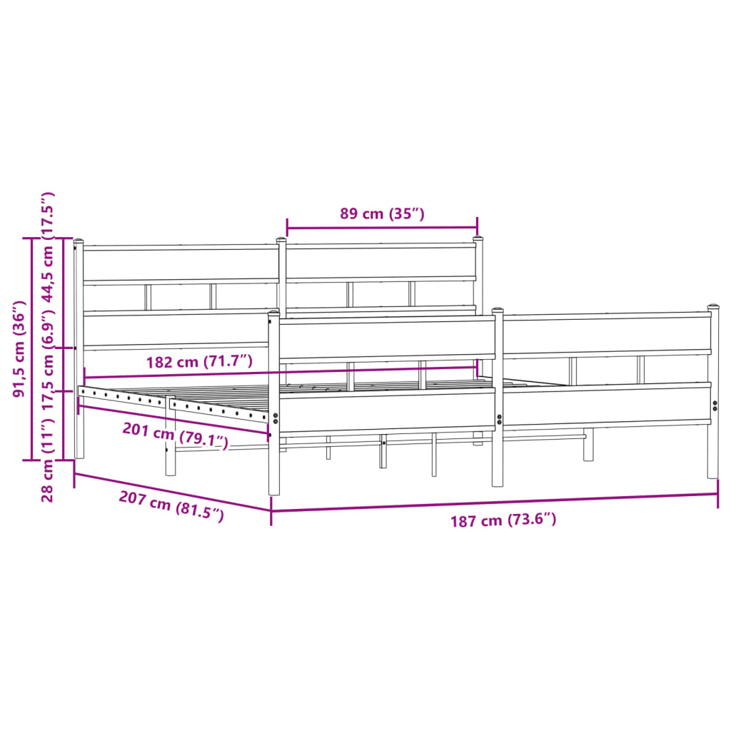 Metalni okvir kreveta bez madraca smeđa boja hrasta 180x200 cm