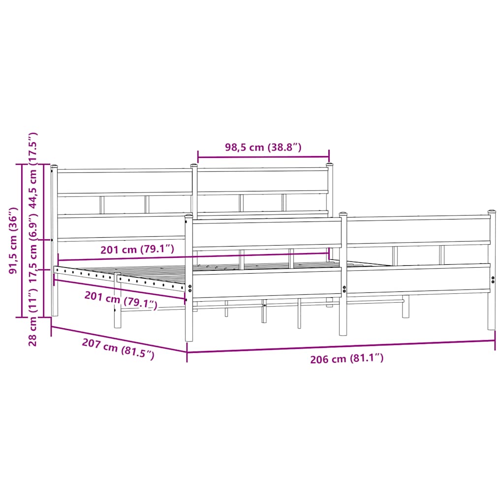 Metalni okvir kreveta bez madraca smeđa boja hrasta 200x200 cm