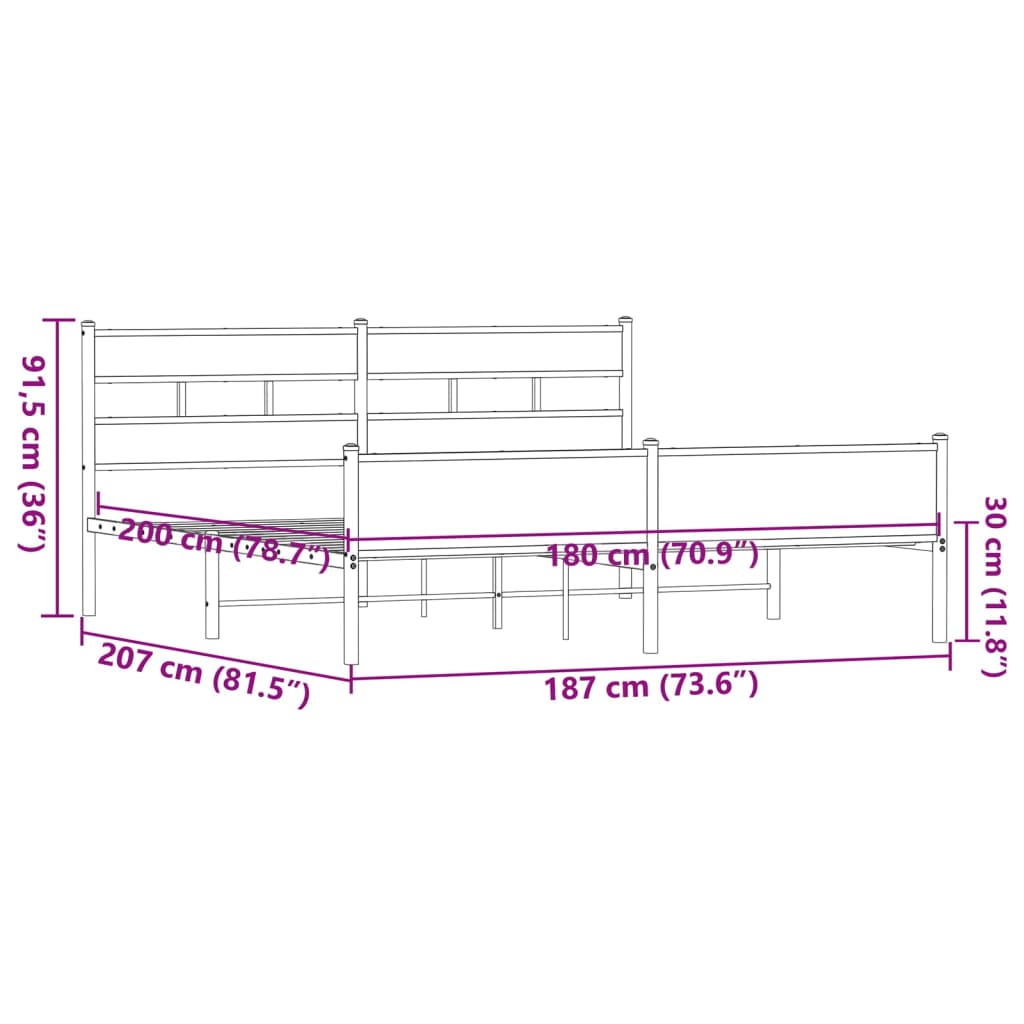 Metalni okvir kreveta bez madraca smeđa boja hrasta 180x200 cm