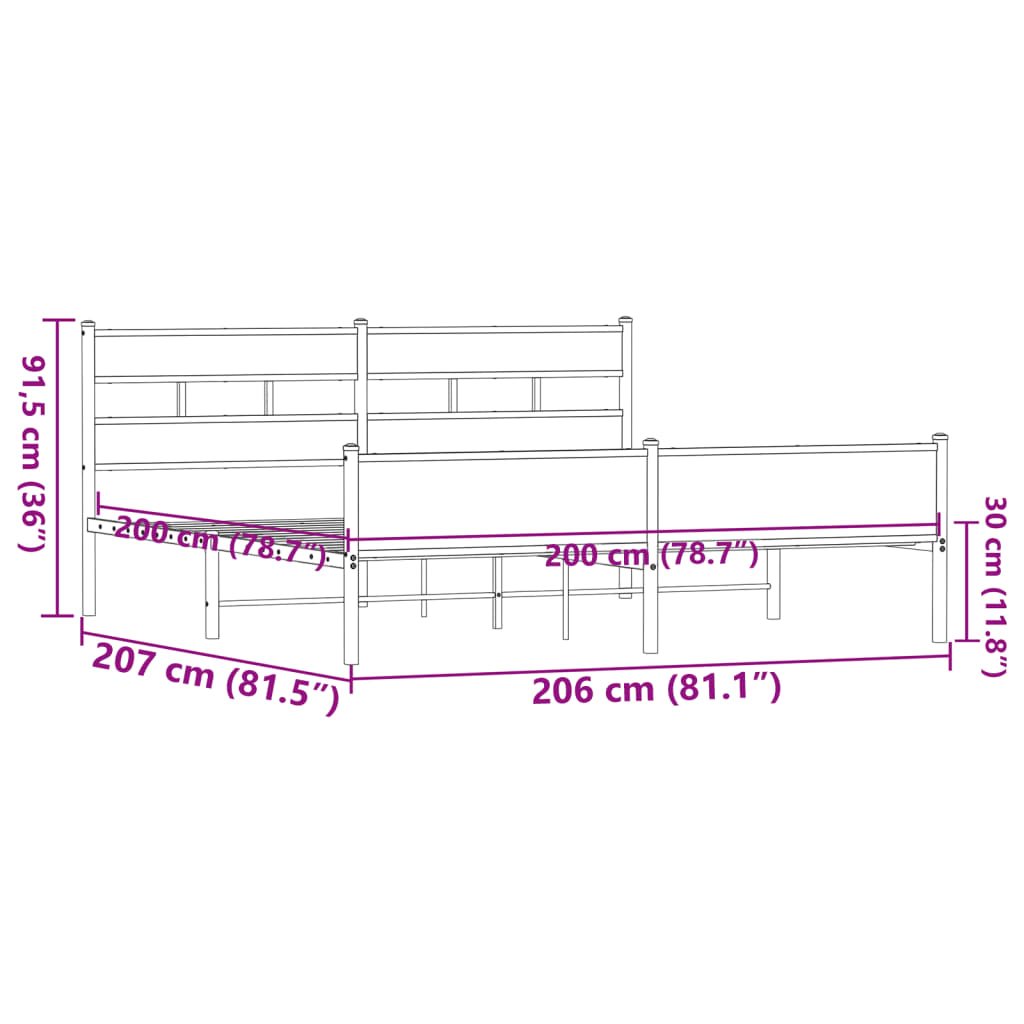 Metalni okvir kreveta bez madraca smeđa boja hrasta 200x200 cm