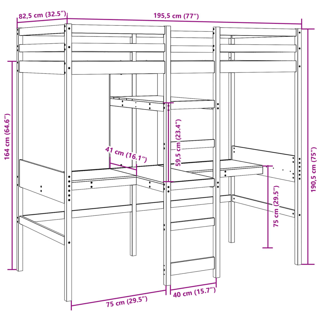 Okvir kreveta na kat bez madraca 75x190 cm od borovine