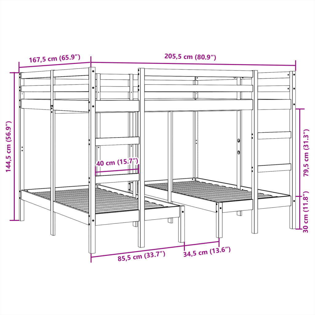 Trostruki okvir kreveta na kat 160x200/80x160 cm od borovine