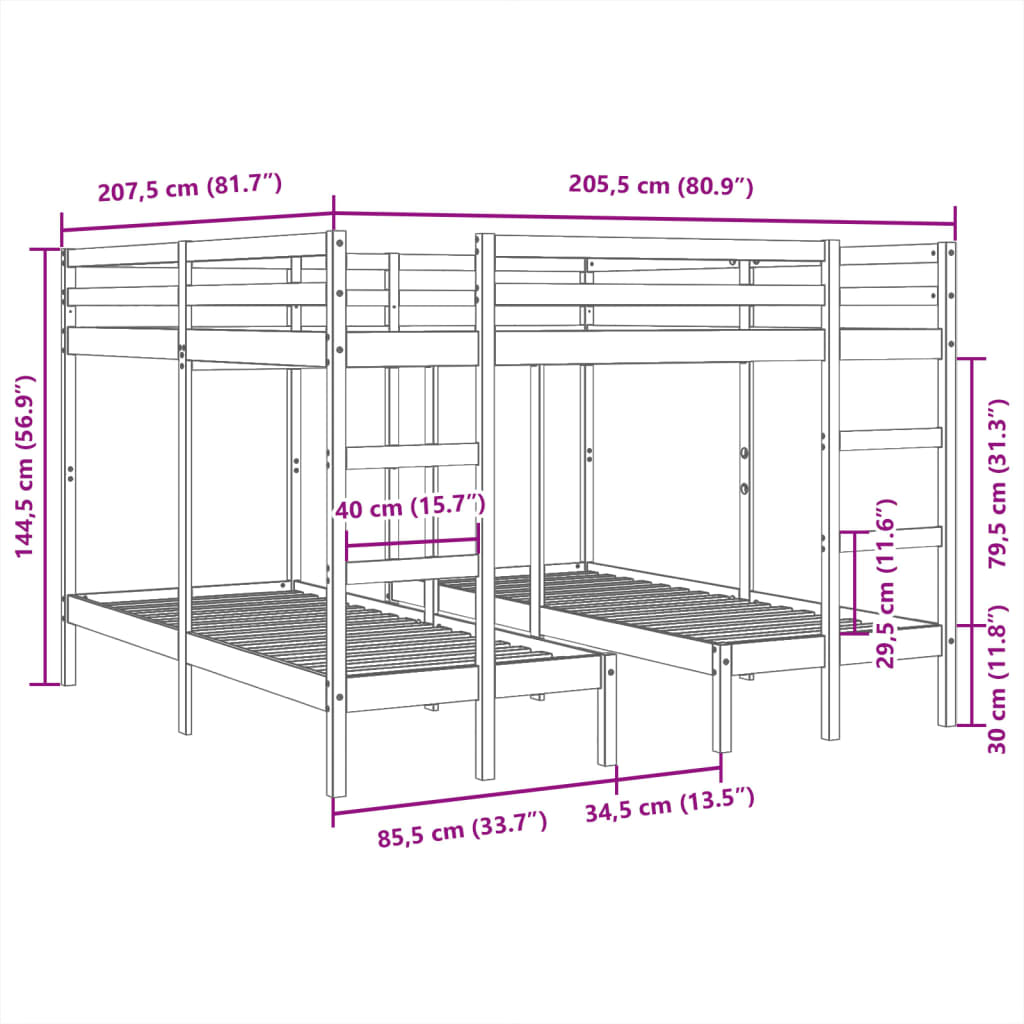 Trostruki krevet na kat bijeli 200x200/80x200 cm od borovine