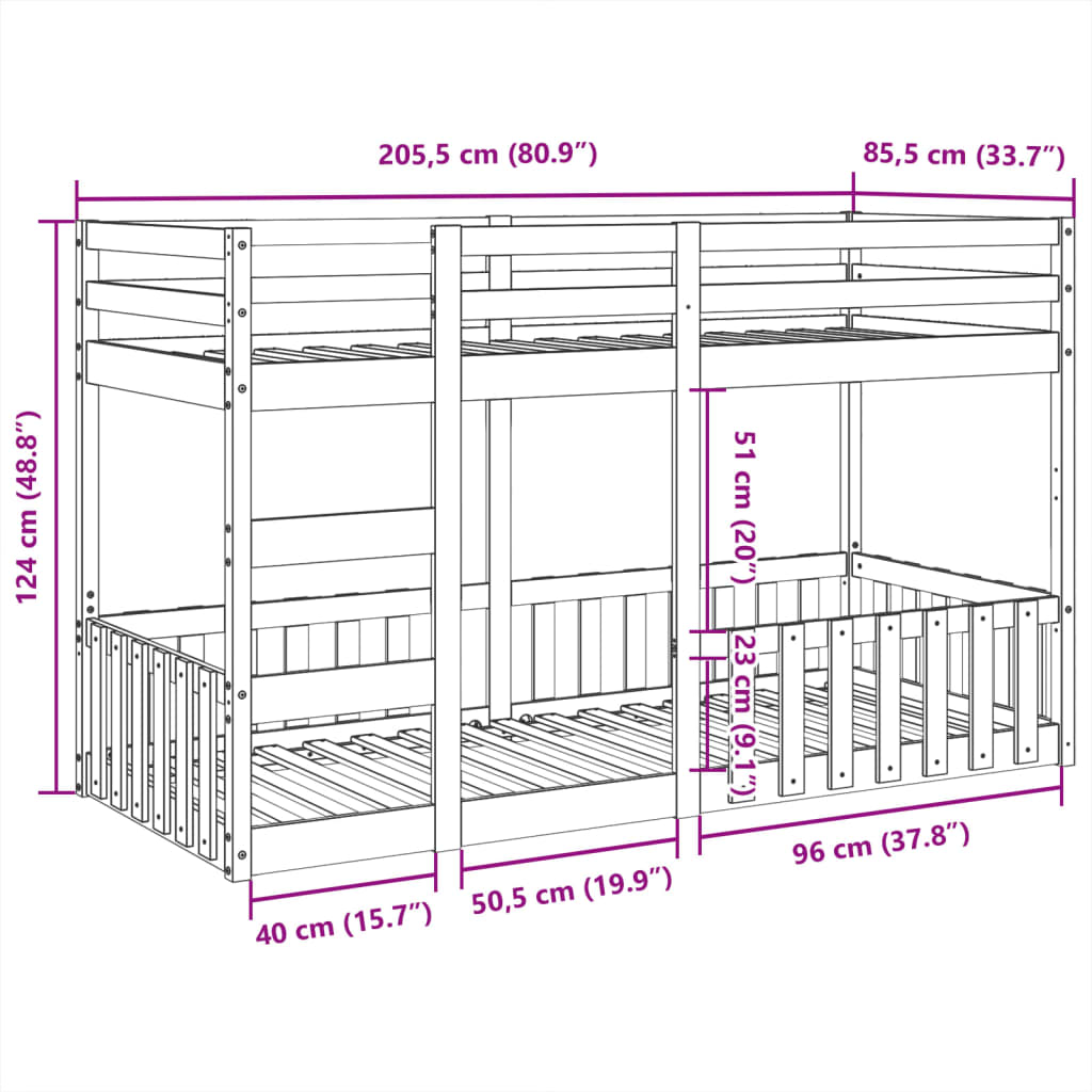 Krevet na kat 80 x 200 cm od masivne borovine