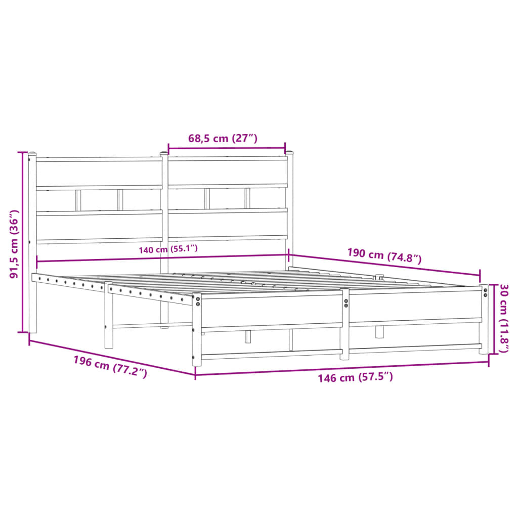 Metalni okvir kreveta bez madraca boja hrasta 140x190 cm