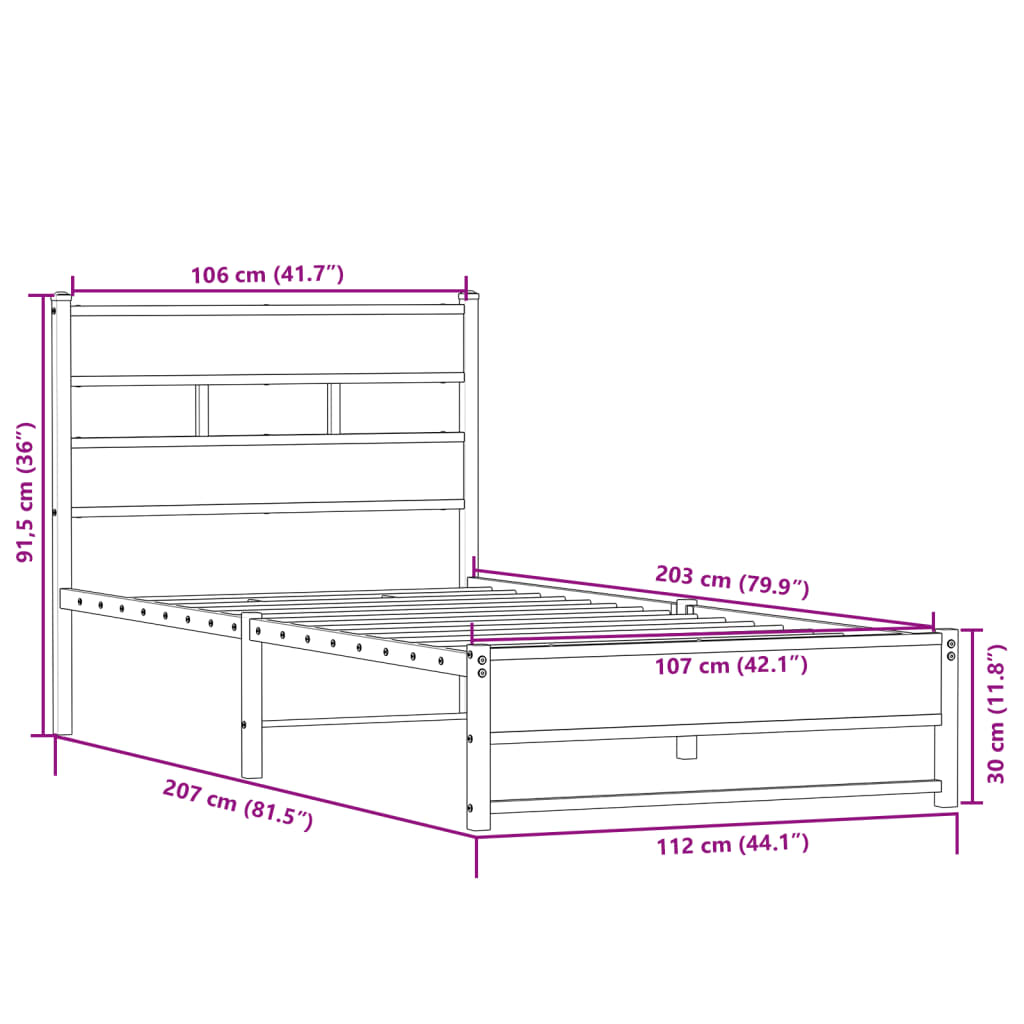Metalni okvir kreveta bez madraca boja hrasta sonome 107x203 cm