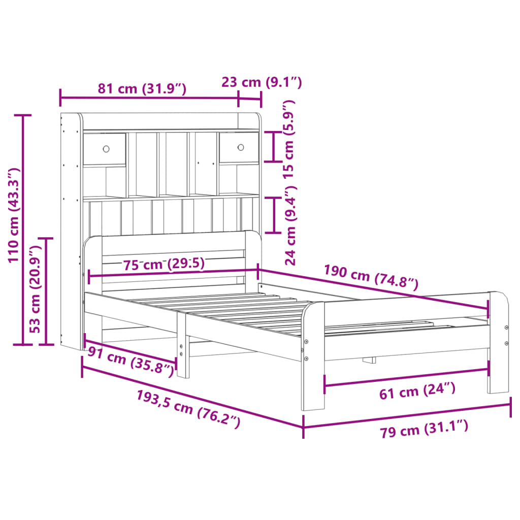 Krevet s regalom za knjige bez madraca 75 x 190 cm od borovine