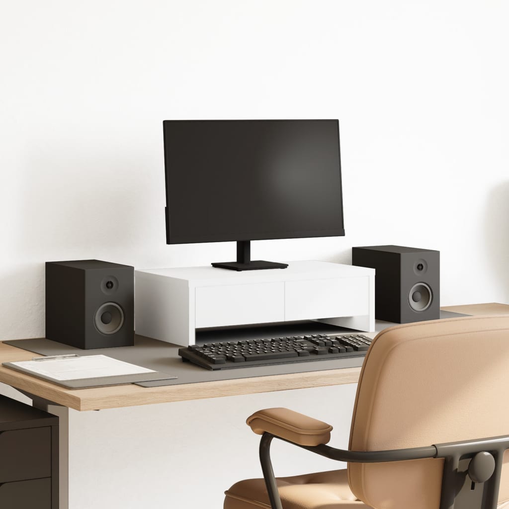 Stalak za monitor s ladicama bijeli 50 x 27 x 15 cm drveni