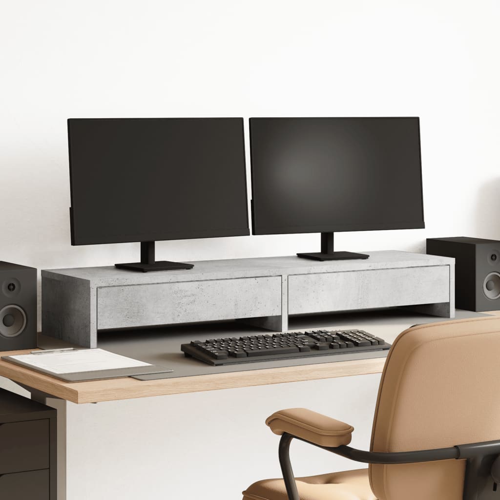 Stalak za monitor ladicama siva boja betona 100x27x15 cm drveni