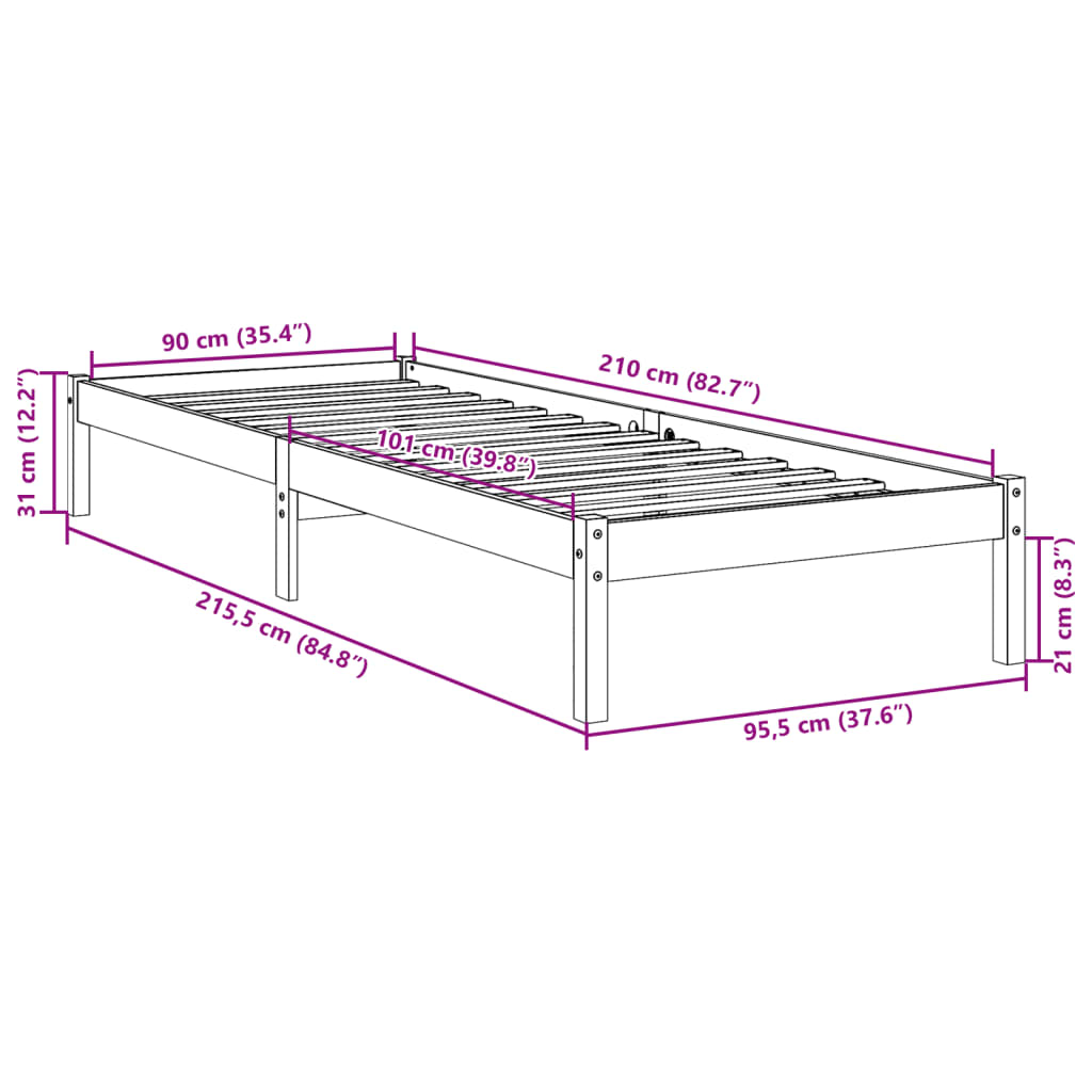 Dugi okvir kreveta bez madraca bijeli 90x210 cm od borovine