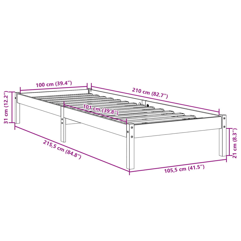 Dugi okvir kreveta bez madraca bijeli 100x210 cm od borovine