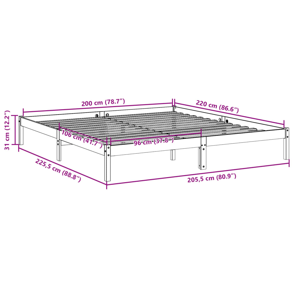 Dugi okvir kreveta bez madraca 200 x 220 cm od borovine