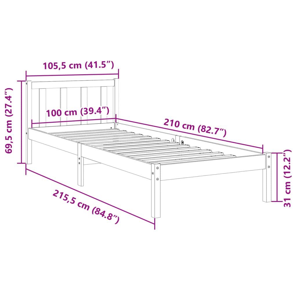 Dugi okvir kreveta bez madraca bijeli 100x210 cm od borovine