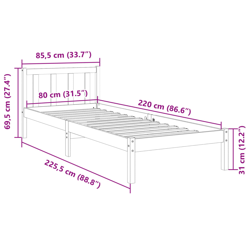 Dugi okvir kreveta bez madraca bijeli 80x220 cm od borovine