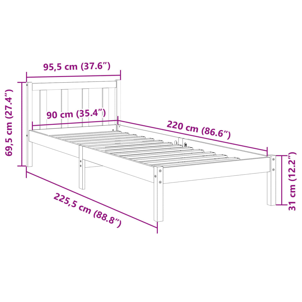Dugi okvir kreveta bez madraca bijeli 90x220 cm od borovine