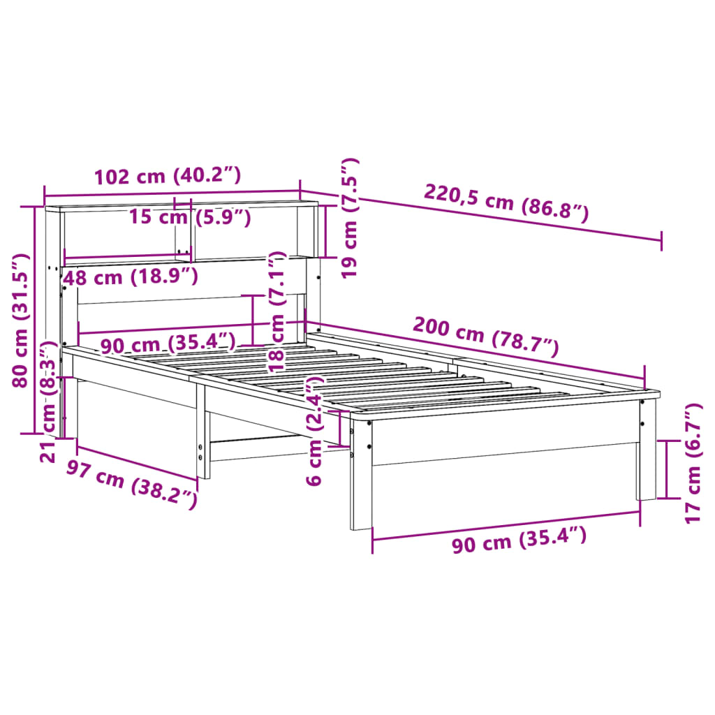 Krevet s regalom za knjige bez madraca bijeli 90x200cm borovina