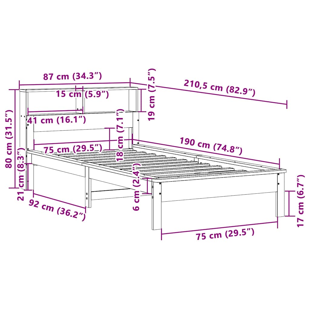 Krevet s regalom za knjige bez madraca 75 x 190 cm od borovine