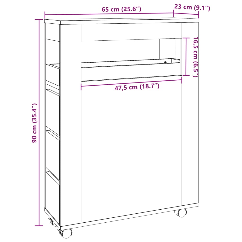 Uski kupaonski ormarić s kotačima boja hrasta konstruirano drvo