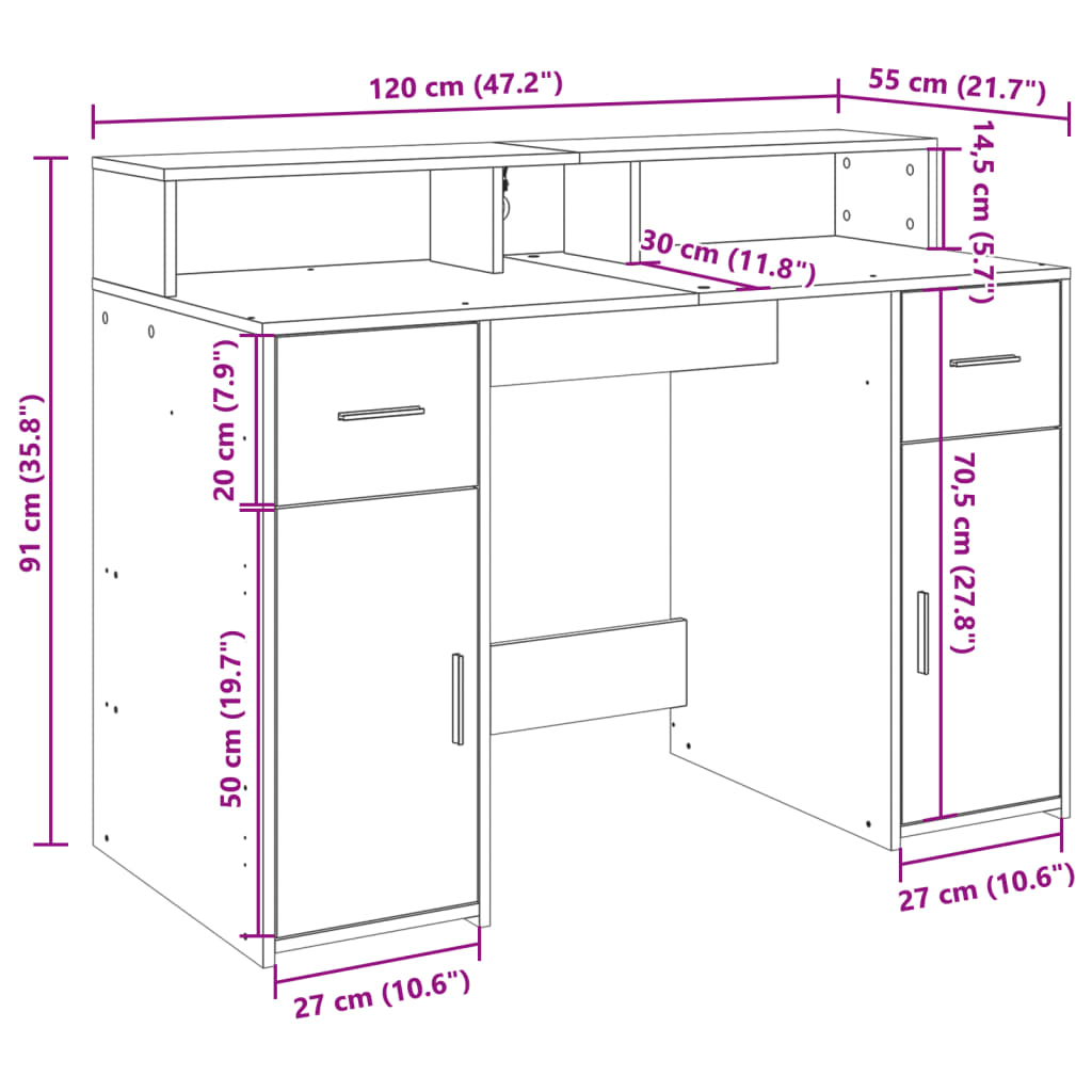 Radni stol s LED svjetlima crni 120x55x91 cm konstruirano drvo