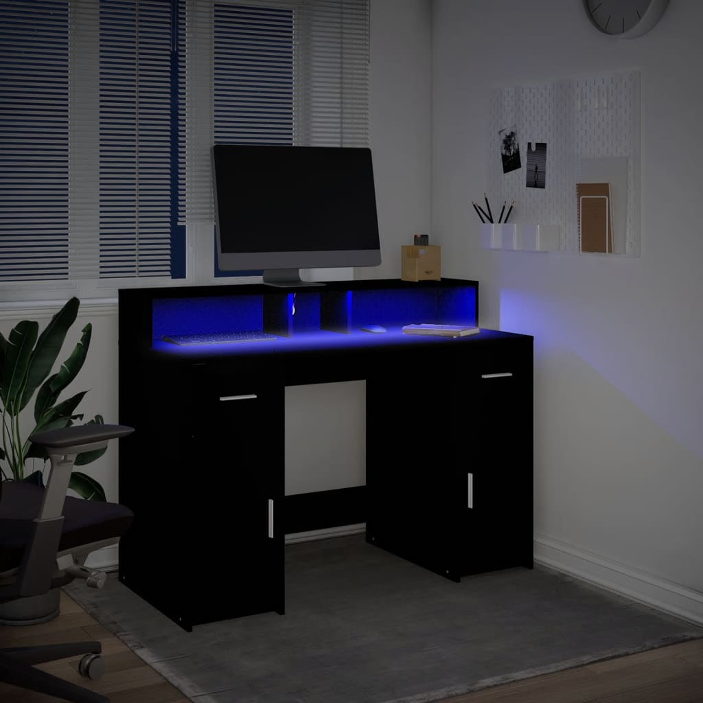 Radni stol s LED svjetlima crni 120x55x91 cm konstruirano drvo