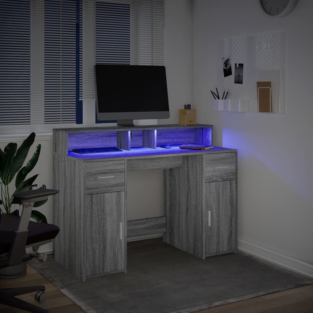 Radni stol s LED svjetlima siva boja hrasta 120x55x91 cm drveni