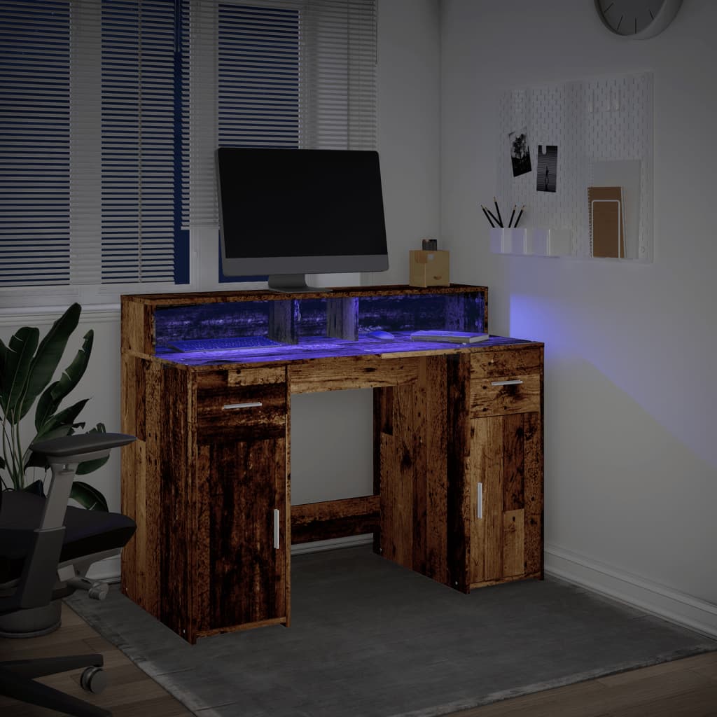 Radni stol s LED svjetlima boja starog drva 120x55x91 cm drveni