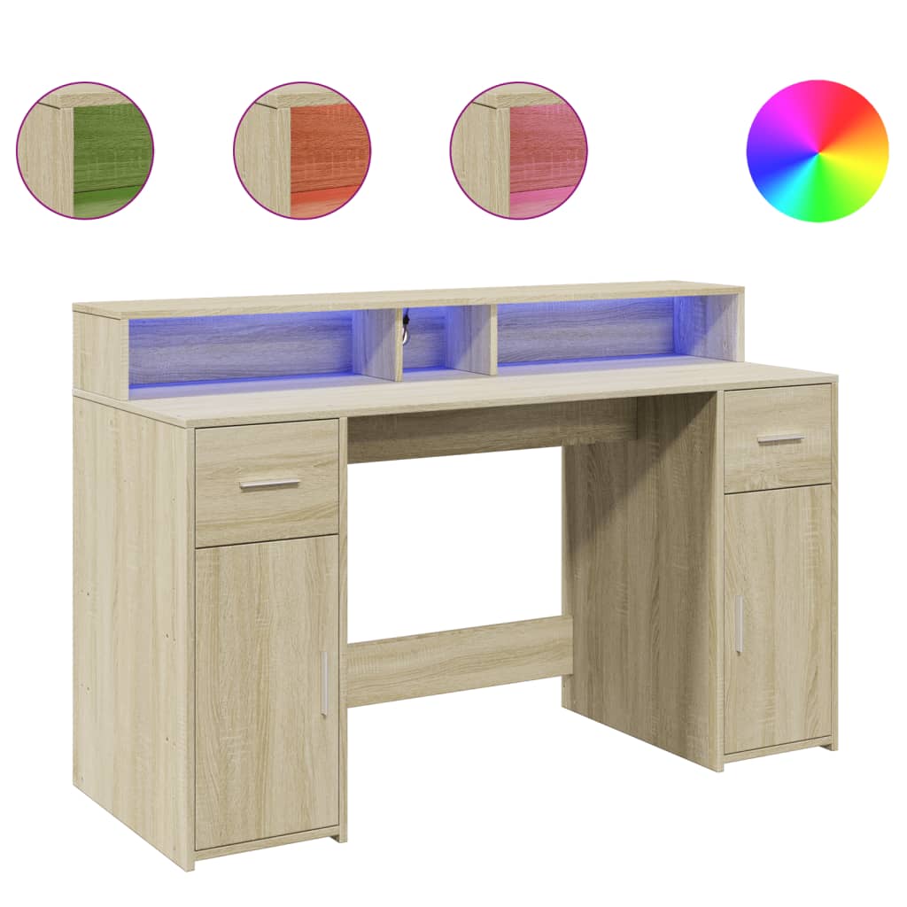 Radni stol s LED svjetlima hrast 140x55x91 cm konstruirano drvo