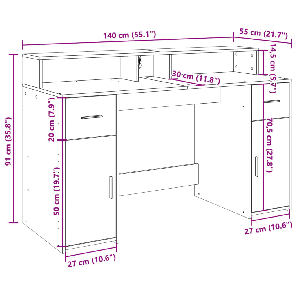 Radni stol s LED svjetlima boja hrasta 140x55x91 cm drveni
