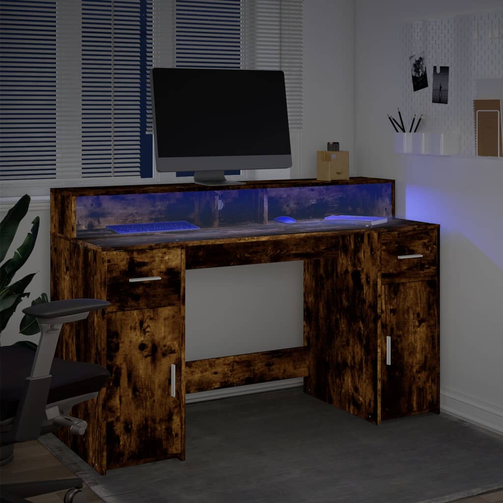 Radni stol s LED svjetlima boja hrasta 140x55x91 cm drveni