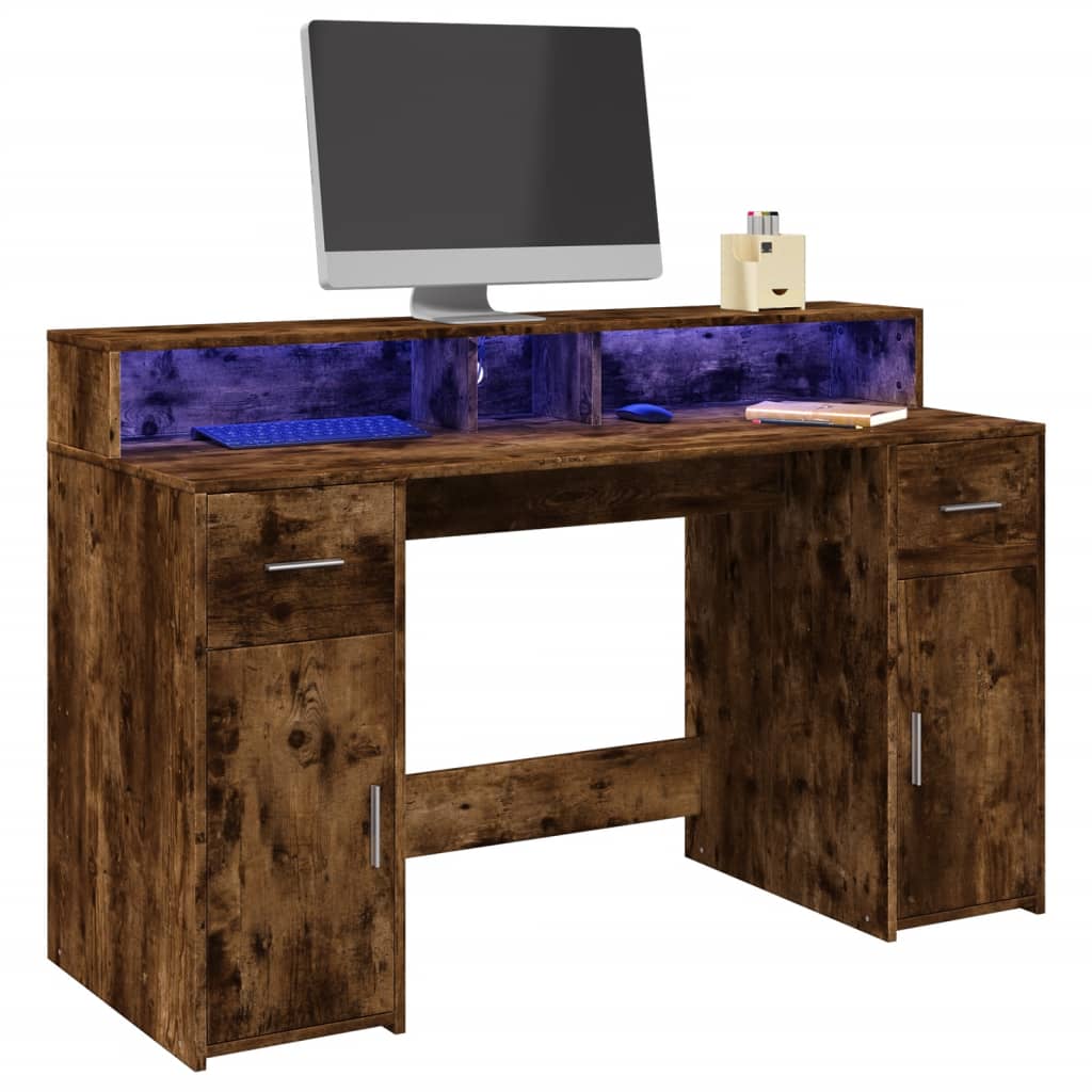 Radni stol s LED svjetlima boja hrasta 140x55x91 cm drveni