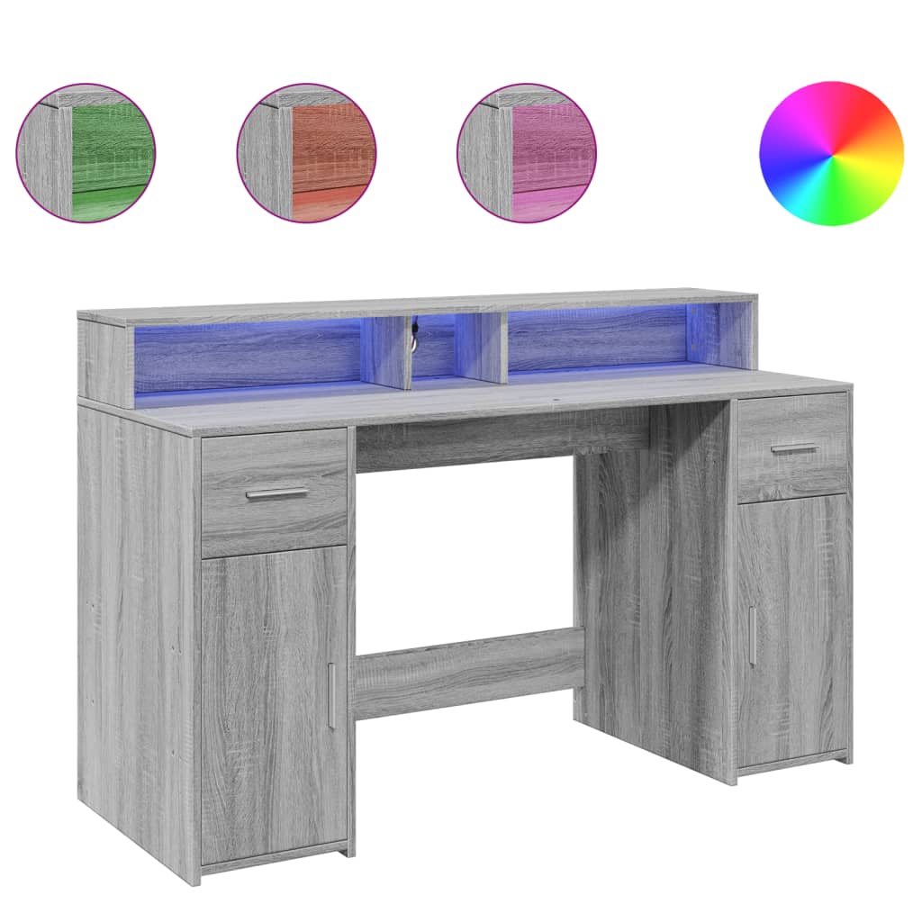 Radni stol s LED svjetlima siva boja hrasta 140x55x91 cm drveni