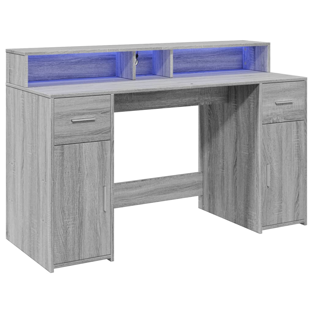 Radni stol s LED svjetlima siva boja hrasta 140x55x91 cm drveni
