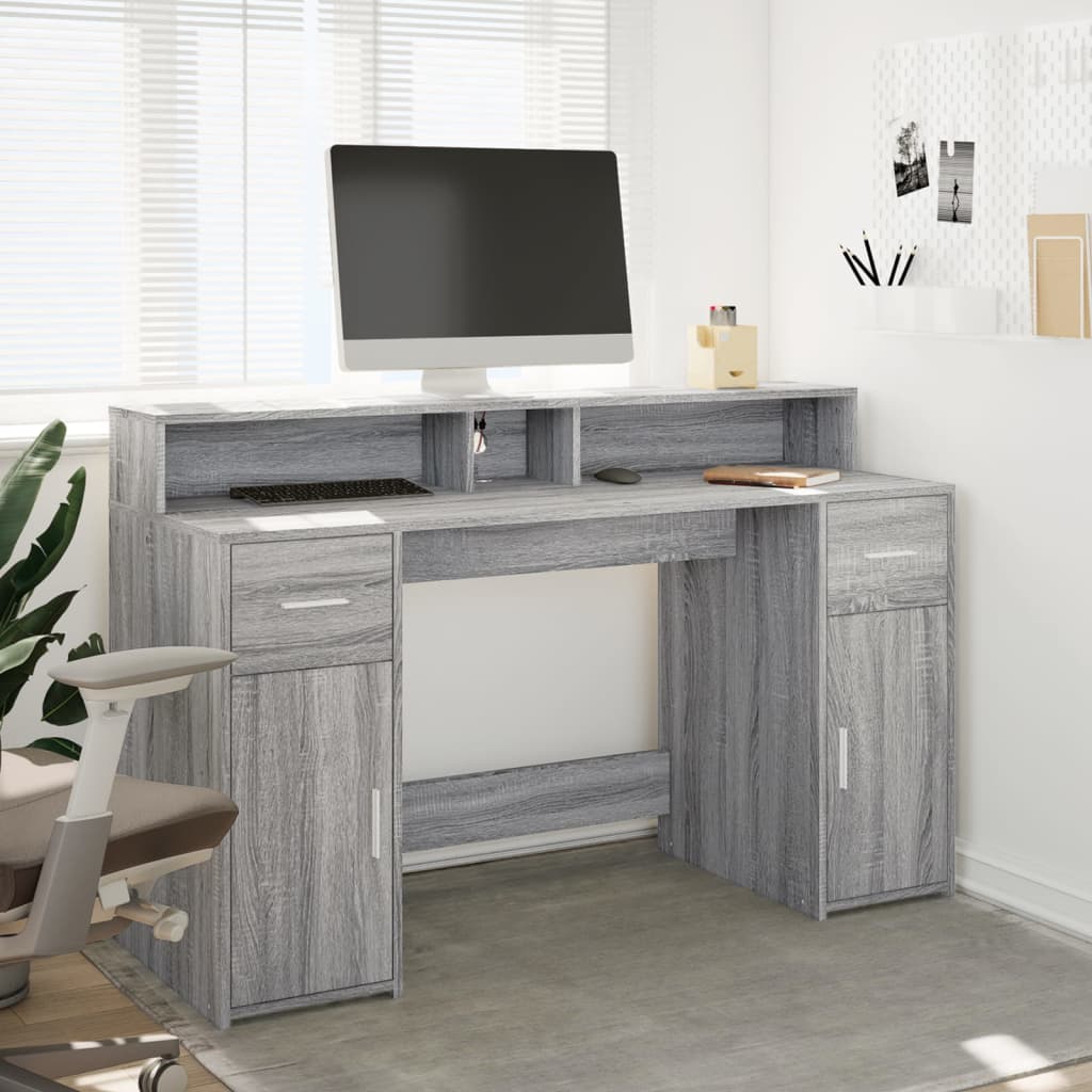 Radni stol s LED svjetlima siva boja hrasta 140x55x91 cm drveni