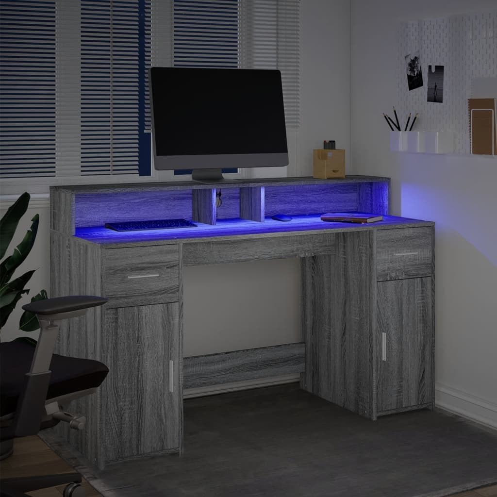 Radni stol s LED svjetlima siva boja hrasta 140x55x91 cm drveni