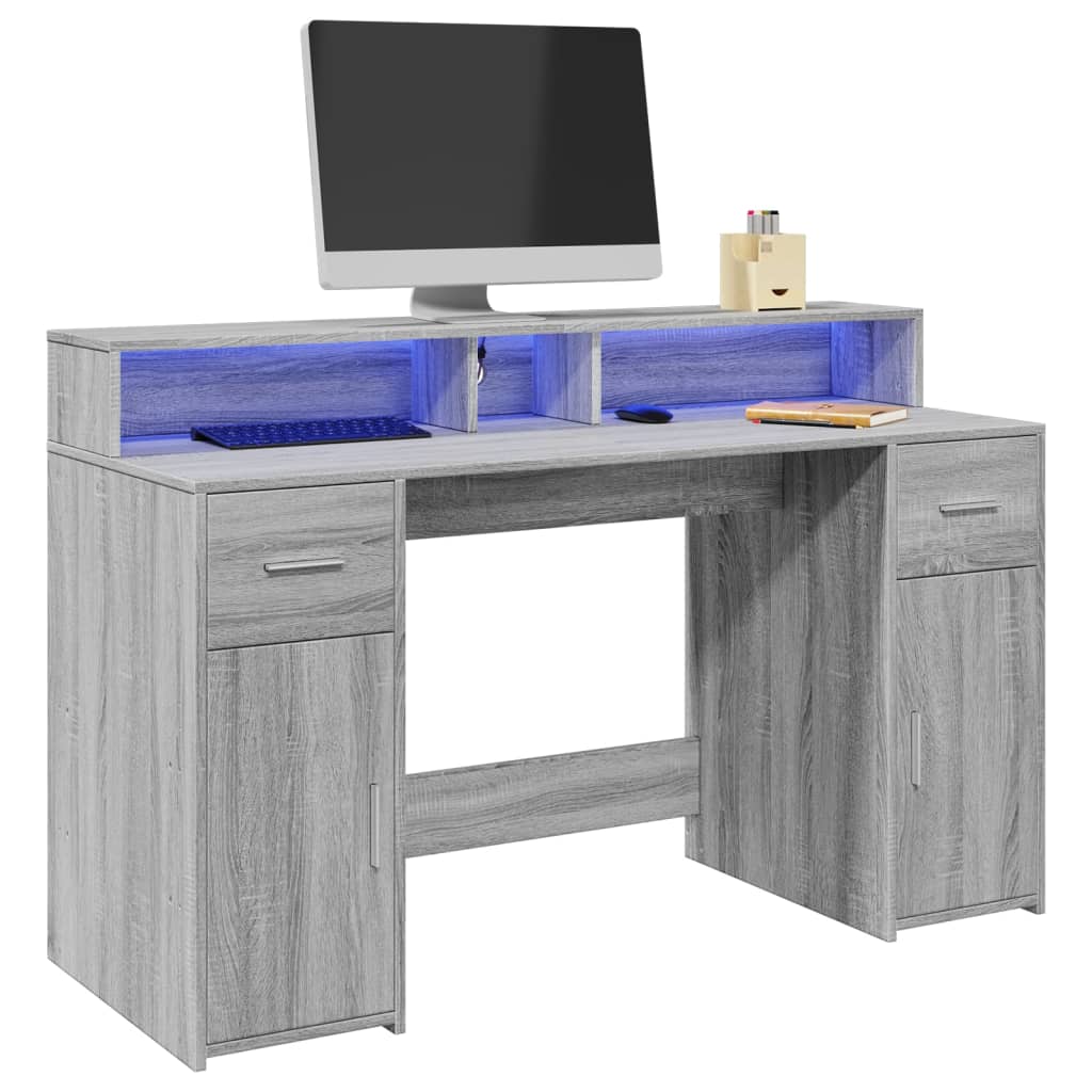 Radni stol s LED svjetlima siva boja hrasta 140x55x91 cm drveni