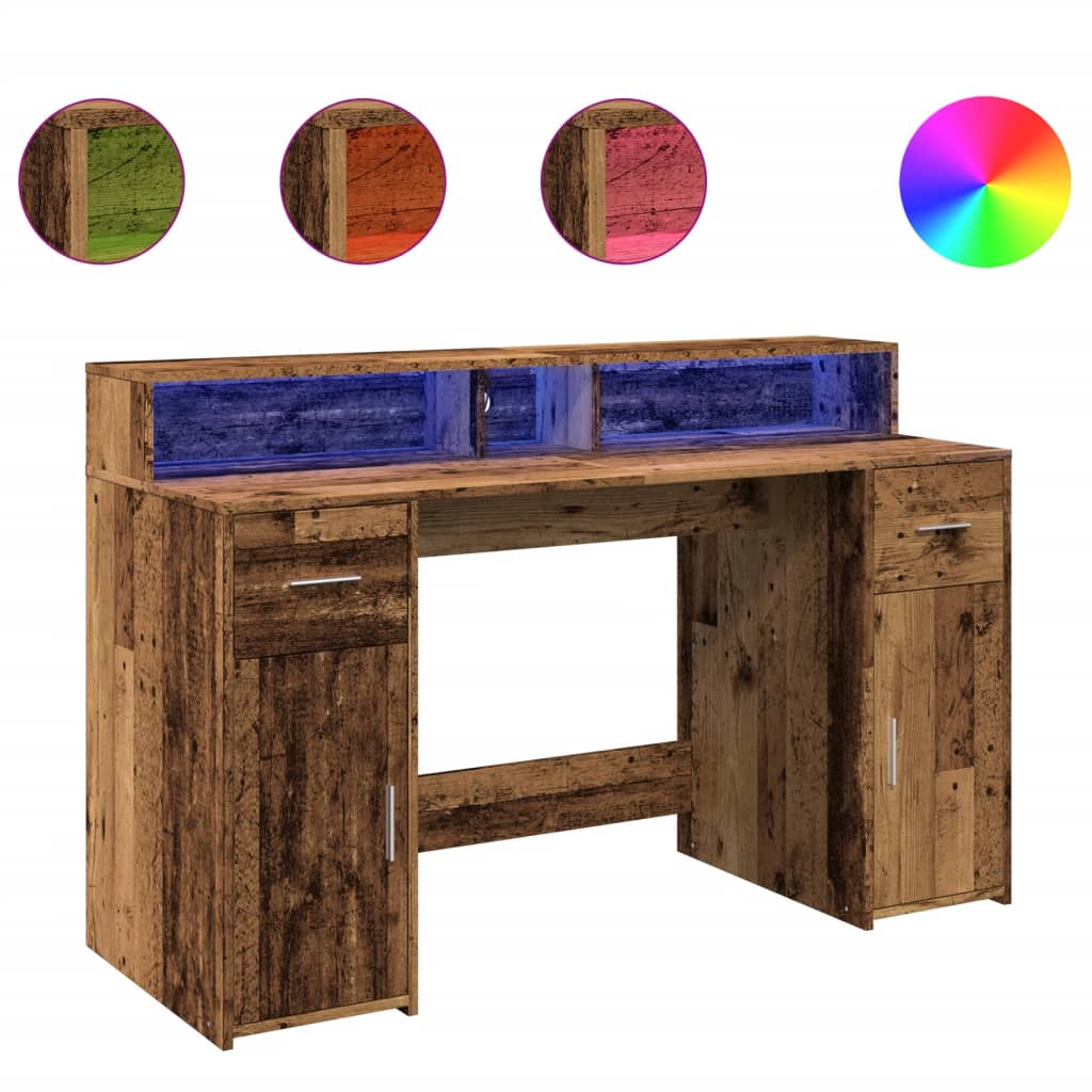 Radni stol s LED svjetlima boja staro drvo 140x55x91 cm drveni