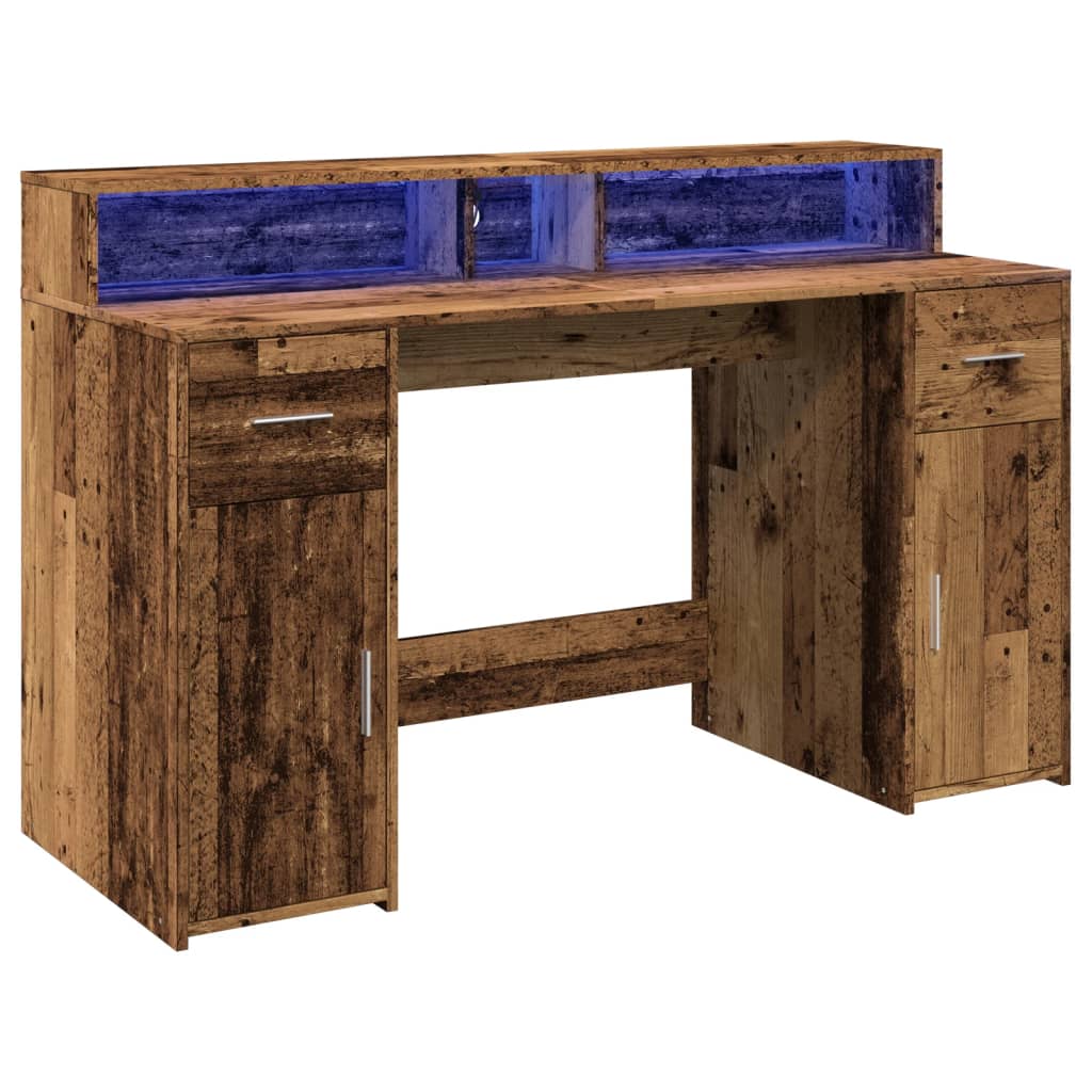 Radni stol s LED svjetlima boja staro drvo 140x55x91 cm drveni