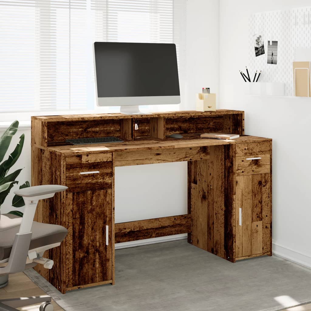Radni stol s LED svjetlima boja staro drvo 140x55x91 cm drveni