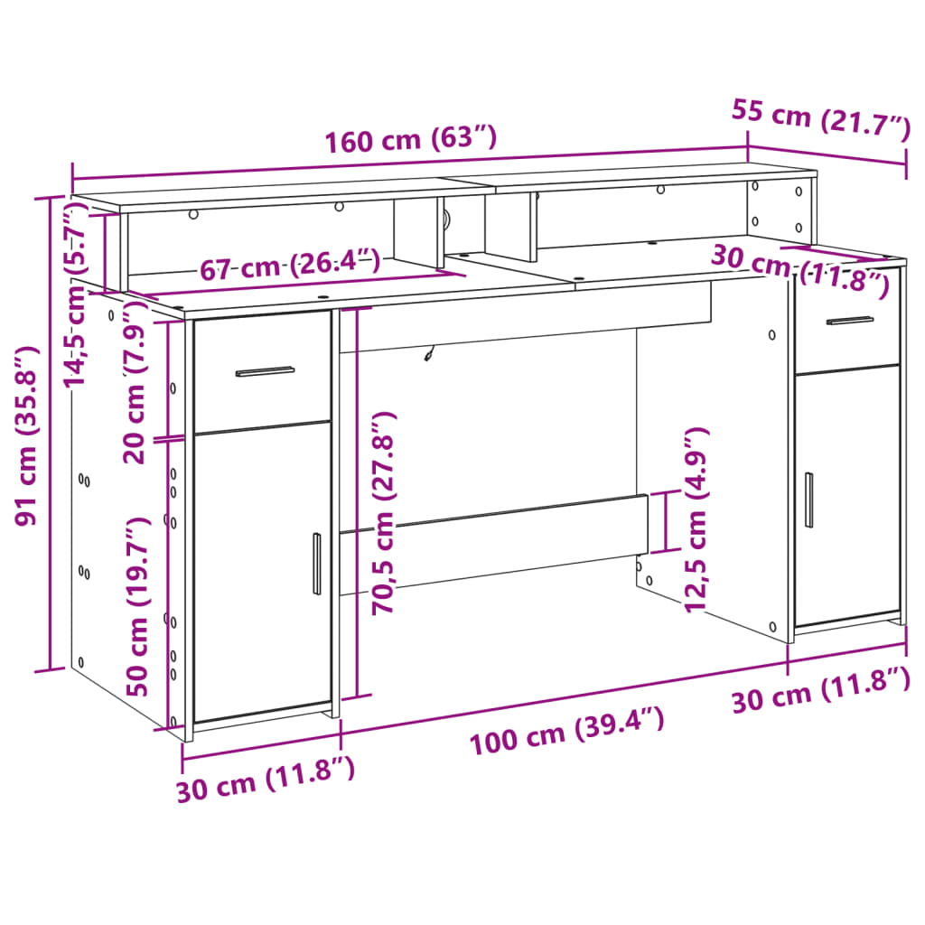 Radni stol s LED svjetlima hrast 160x55x91 cm konstruirano drvo