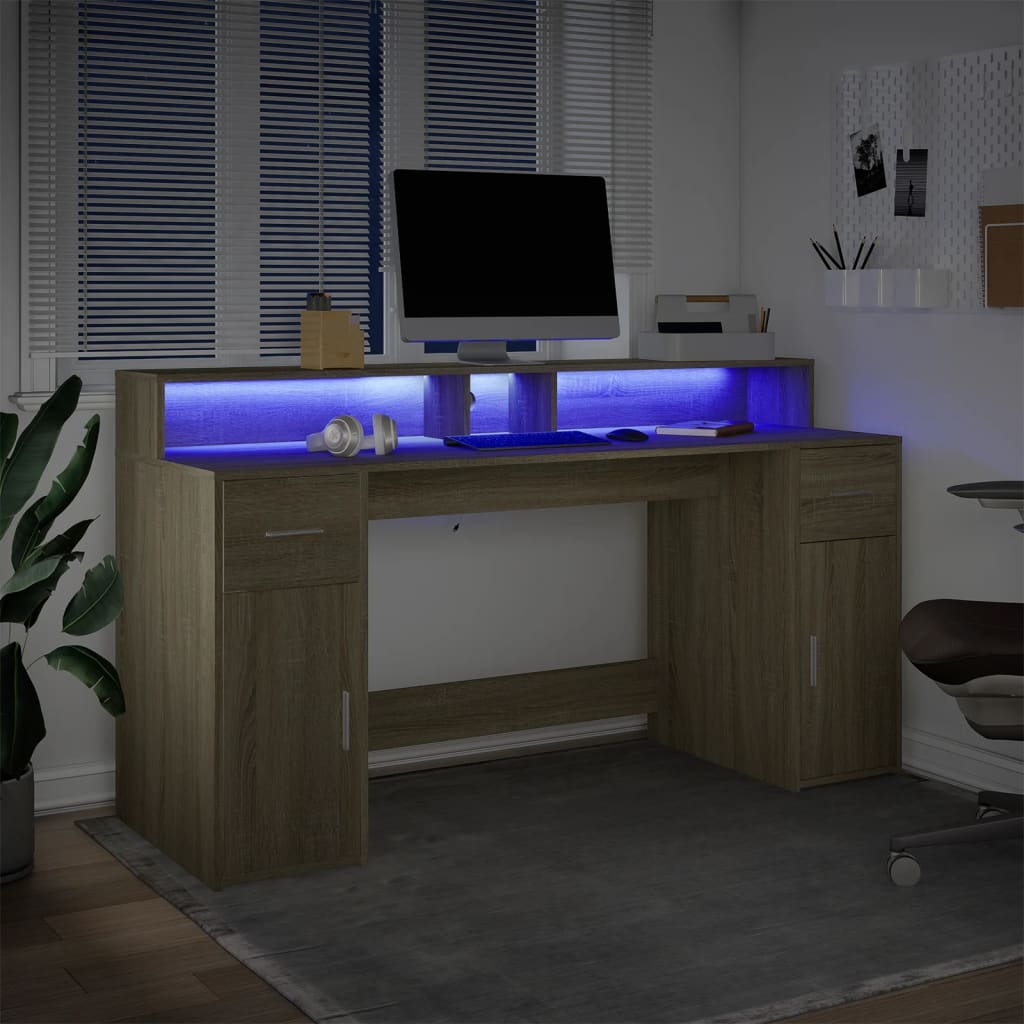 Radni stol s LED svjetlima hrast 160x55x91 cm konstruirano drvo