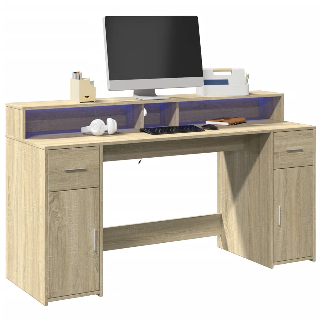 Radni stol s LED svjetlima hrast 160x55x91 cm konstruirano drvo