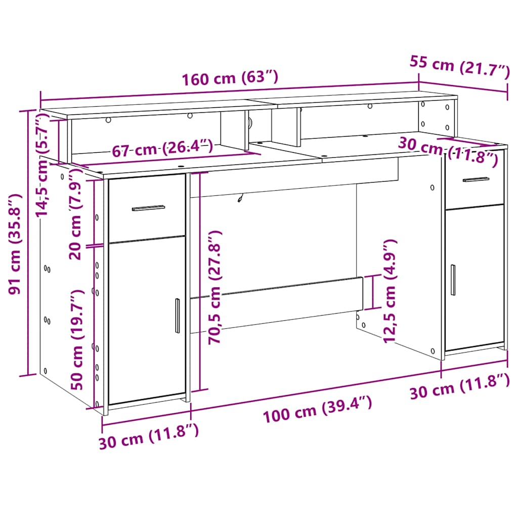 Radni stol s LED svjetlima sivi 160x55x91 cm konstruirano drvo