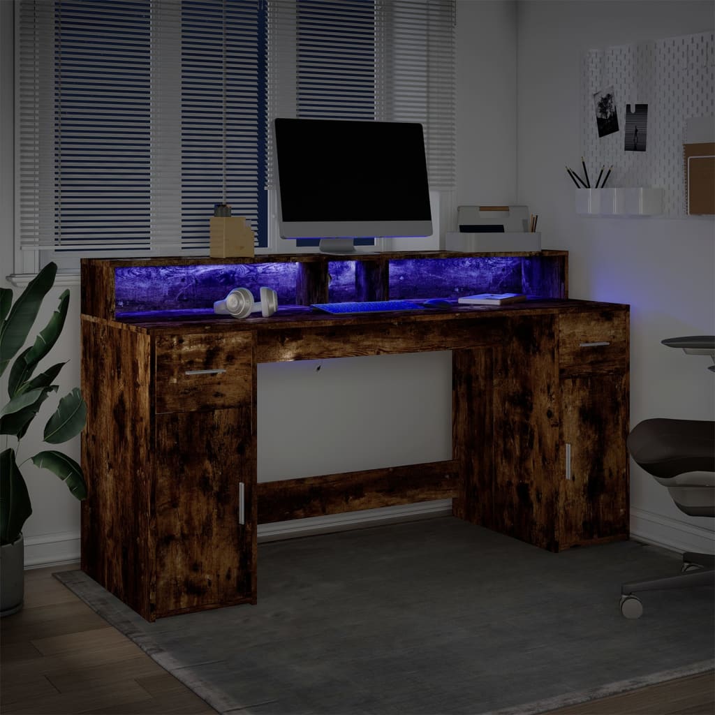 Radni stol s LED svjetlima boja hrasta 160x55x91 cm drveni
