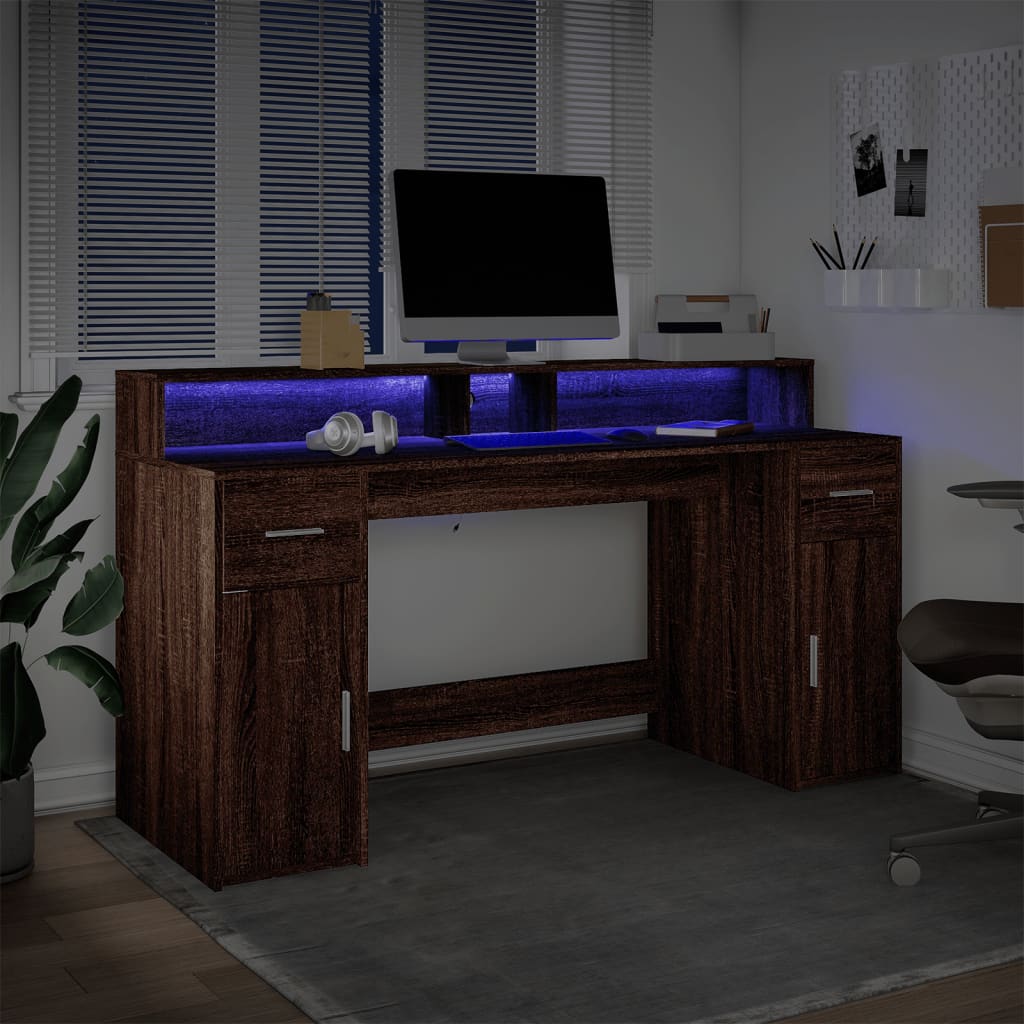 Radni stol s LED svjetlima smeđa boja hrasta 160x55x91cm drveni
