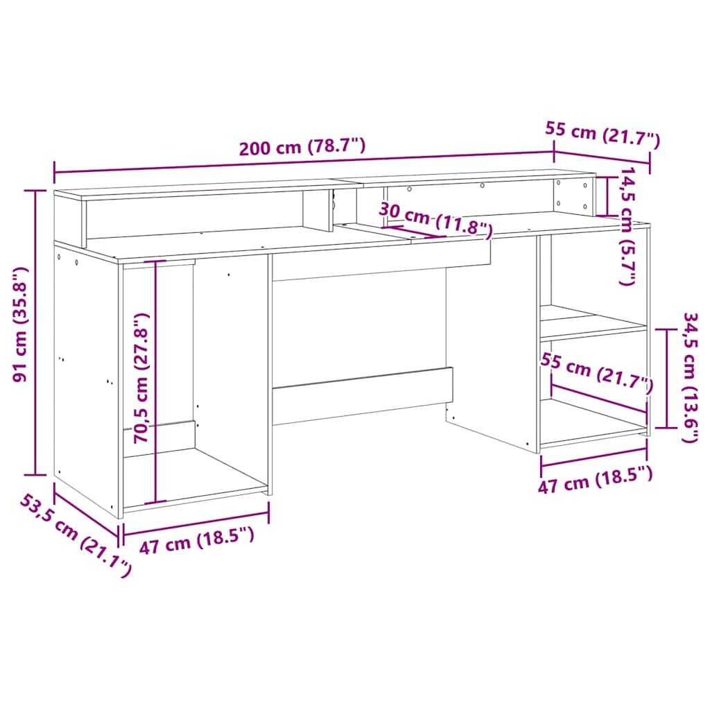 Radni stol LED bijeli 200 x 55 x 91 cm od konstruiranog drva